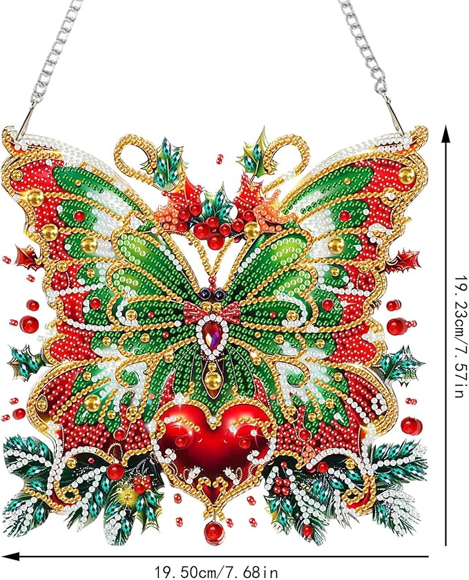 SENQAO Christmas Diamond Art Hanging Kits for Adults, Butterfly Diamond Art Suncatchers, 5D Special Shape Diamond Painting Pendant Window Ornament Gifts for Home Door Wall Decor