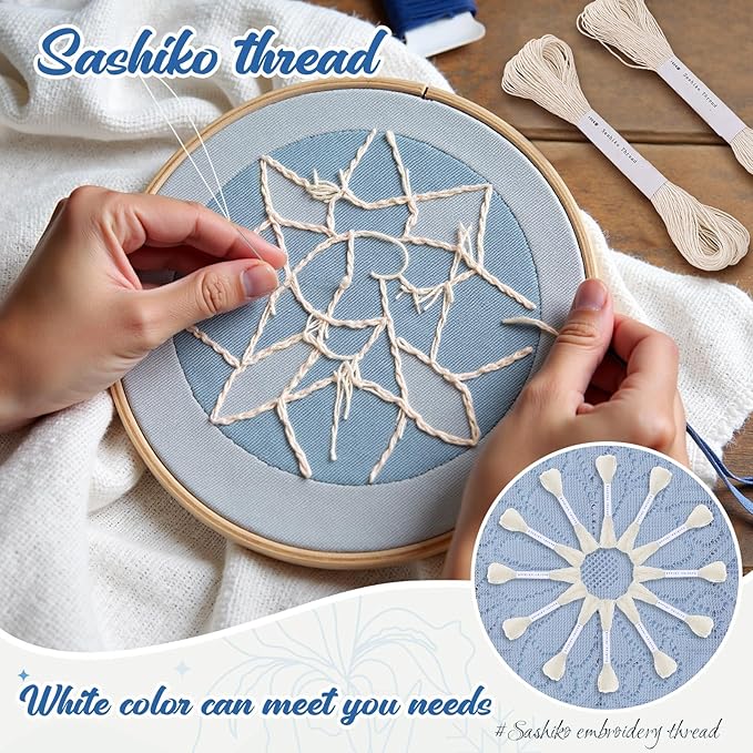 Zeyune 12 Skeins White Sashiko Thread Kit 100% Cotton with Sashiko Needles 20m(21.8yds) Thread for Hand Quilting and Embroidery Projects Pick Stitching Denim
