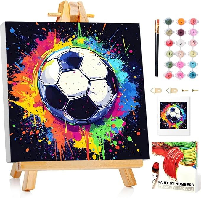 Paint by Numbers Kit for Kids with Frame, Soccer Paint by Numbers for Kids Ages 4-8-12, DIY Soccer Acrylic Oil Painting for Home Wall Art Decor Gift 7.8x7.8 inch (with Frame Easel)