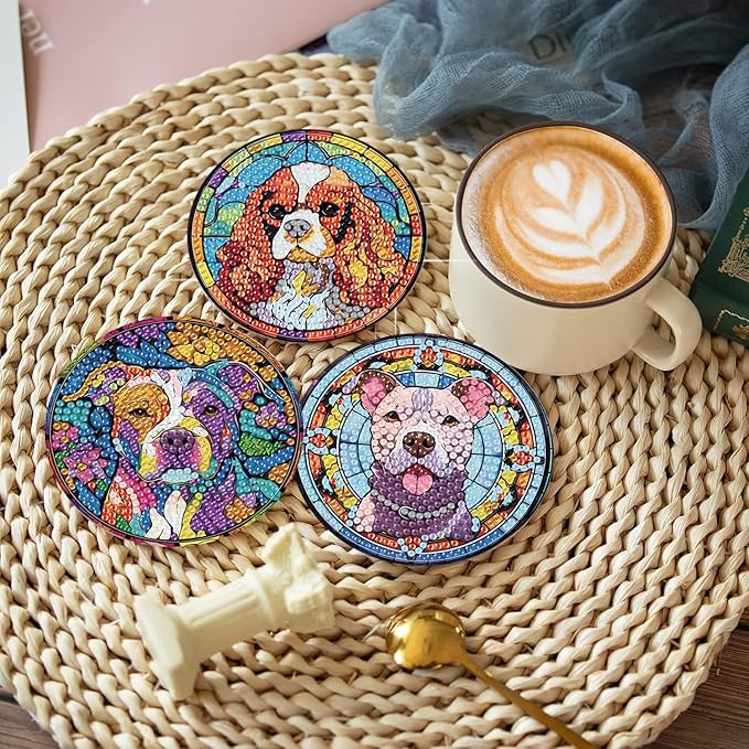 igoodom 8 Pcs Dog Diamond Art Coasters Kit with Holder, DIY Stained Glass Style Dog Diamond Painting Coasters for Beginners Adults, Non Slip Diamond Art Kits Craft Supplies 4x4in