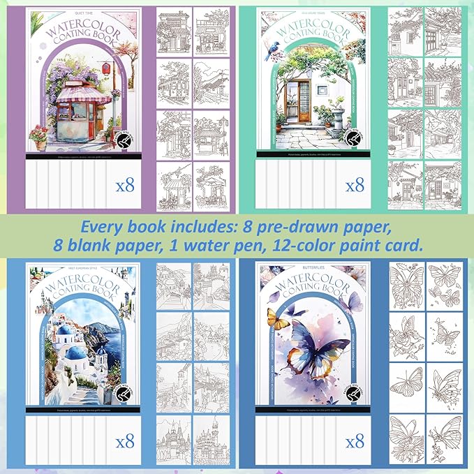 Dunzoom 64 Sheets Watercolor Coloring Book 4 Pack Water Color Workbook Paper Paint Set with 12 Colors Paint Cakes and Brushes for Adults Beginners Art Painting Supplies (Butterfly&House)