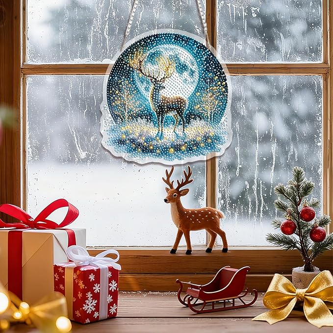 EMIEAUFG Christmas Diamond Art Hanging Kit for Adult, Xmas Deer Diamond Art Pendants, Double Sided Acrylic, 5D Special Shaped Rhinestone, Diamond DIY Ornament for Window Home Wall Decor