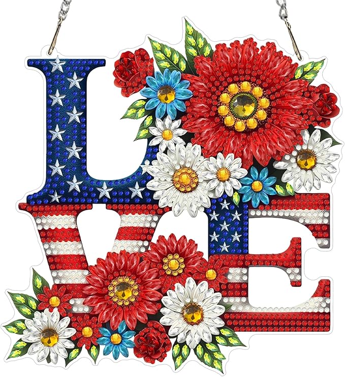 CEOVR Independence Day Hanging Diamond Art, American Flag Diamond Painting Pendant for Adults DIY Gem Art Wall Ornament, Acrylic Home Garden Decor with Chain, Box Kit 7.36×7.87inch