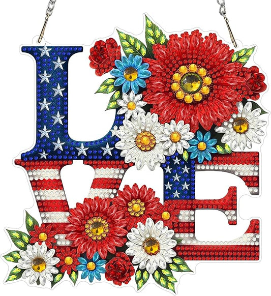 CEOVR Independence Day Hanging Diamond Art, American Flag Diamond Painting Pendant for Adults DIY Gem Art Wall Ornament, Acrylic Home Garden Decor with Chain, Box Kit 7.36×7.87inch