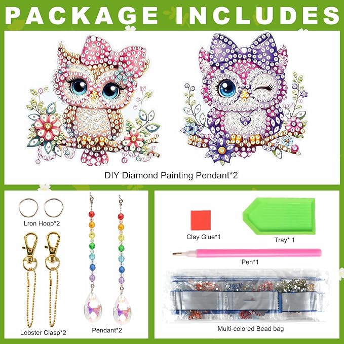 LazyFold 2 Pcs Diamond Painting Wind Chime Kits,Cute Owls DIY Diamond Art Painting Wind Chime Kits Crystal Art Suncatchers for Adults Home Garden Window Craft Gift