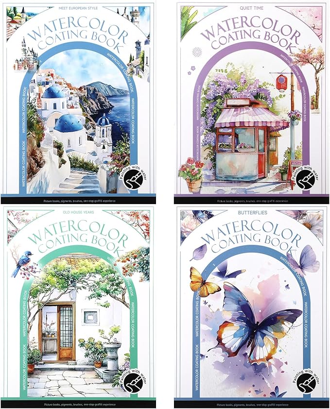 Dunzoom 64 Sheets Watercolor Coloring Book 4 Pack Water Color Workbook Paper Paint Set with 12 Colors Paint Cakes and Brushes for Adults Beginners Art Painting Supplies (Butterfly&House)