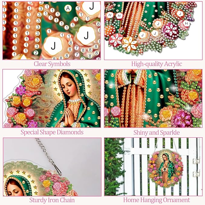 CEOVR Virgin Mary Hanging Diamond Art Kits for Adults, Prayer Special Shape Religious Diamond Painting DIY Gem Art, Windows Pendant Ornament with Chain, Acrylic Home Garden Decor, Box Kit 7.07x7.61In