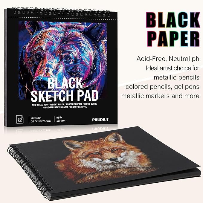 30 Sheets Black Paper Sketchbook, 98lb/160gsm Heavyweight Black Sketch Pad 8×8in, Acid-Free Drawing Paper, Spiral Bound Sketch Book for Teens, Artist