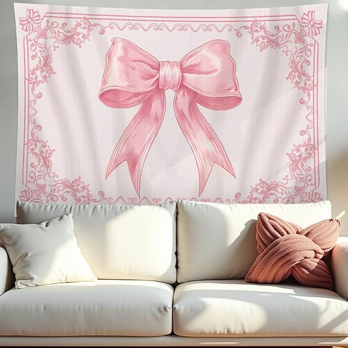 HunnmingRe 79" x 60" Pink Bow Tapestry Coquette Pink Aesthetic Bedroom Hanging Wall Art Preppy Tapestry Decor Kit Cute Bowknot Room Decoration for Women Girls Room Dorm Apartment(Bow)