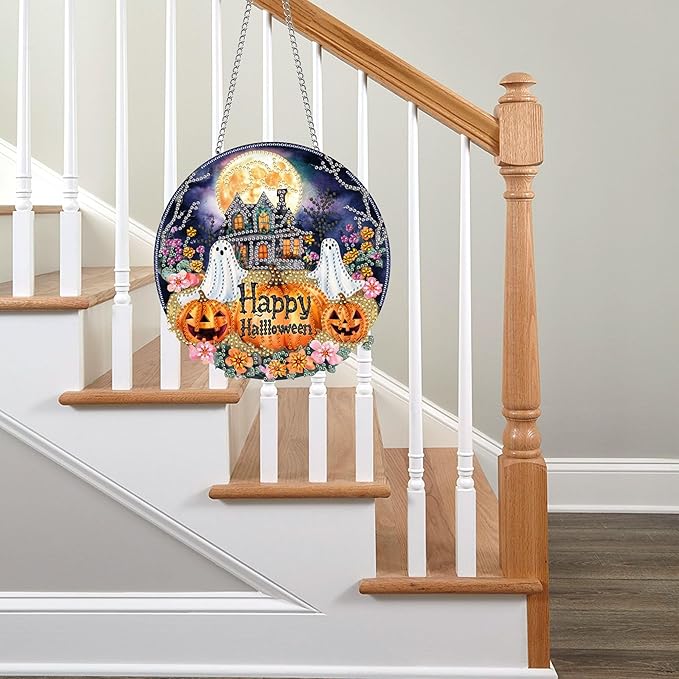 Pavemlo Hanging Diamond Art Kits for Adults Halloween Ghost – 8x8 Inch Double-Sided Acrylic Board DIY Crystal Diamond Suncatcher Pendant, Sparkling Home Wall or Window Decoration Handmade Gifts