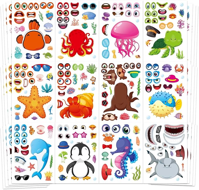 48 sheets ocean stickers for kids, make your own sea animal mix and match sticker sheets, make a face sticker, summer stickers for kids 3-5 birthday party favor, teacher reward