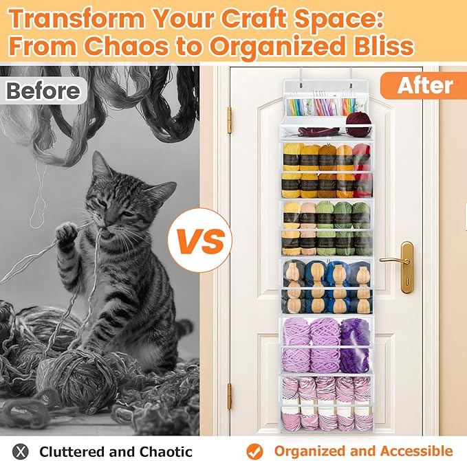 Yarn Storage Organizer, Yarn Holder Over the Door Hanging Crochet Kit Storage with 5 Zippered Compartments, Large Capacity Sewing Organizer Gifts for Knitters Needles Storage Crochet Hooks