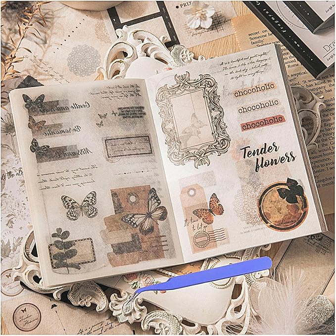 40 Sheets A6 Vintage Washi Stickers Book for Adults, Retro Butterfly Stickers with Self-Adhesive Collage Papers Ephemera for Junk Journaling Supplies, Scrapbooking, Crafts Arts