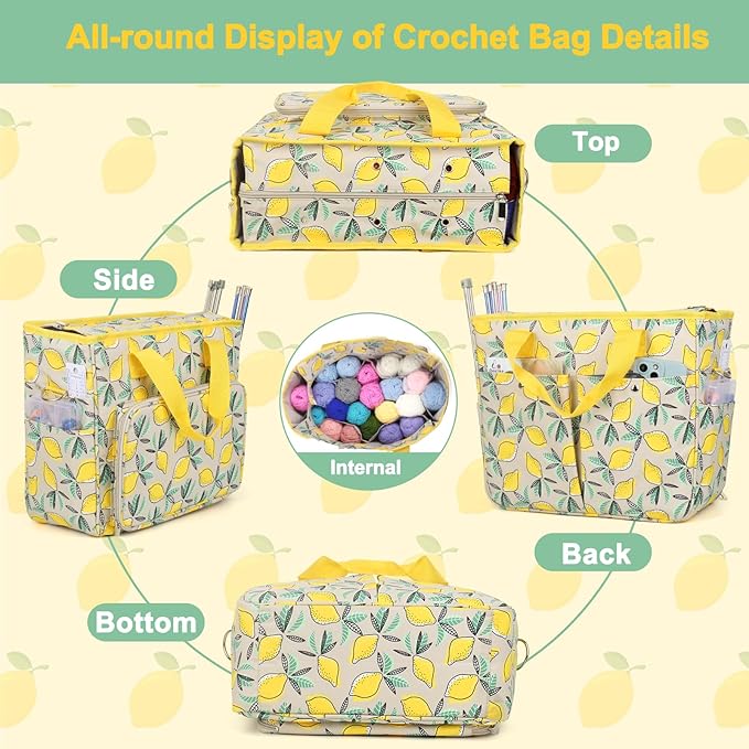 Yarn Storage Organizer Travel Crochet Bag, Large Capacity Tote Bag Knitting Bag for Carrying Projects, Knitting Needles, Crochet Hooks and Yarn, Fruit Yellow Lemon