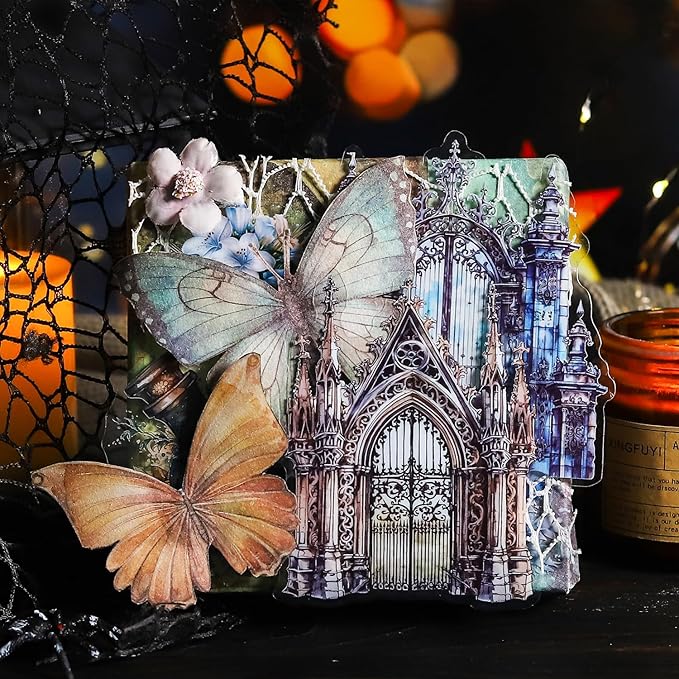60PCS Moonlight City PET Stickers, Large Gothic Castle Stickers for Scrapbooking, DIY Crafts, Journaling, and Junk Journal Ephemera with Organizer