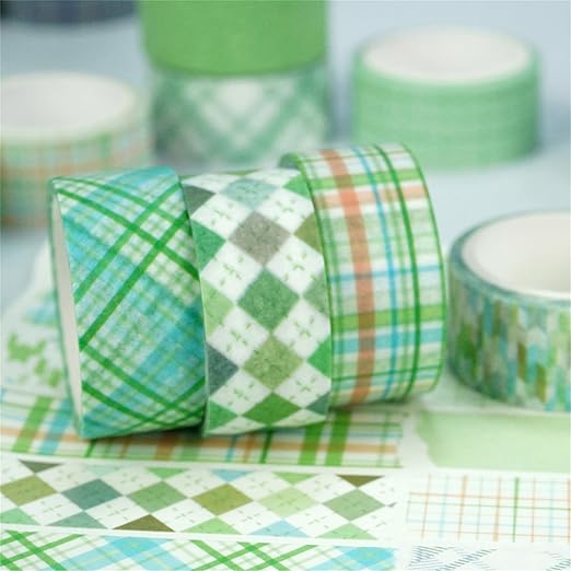 YUBX Basic Grid Washi Tape Set 12 Rolls Plaid Decorative Masking Tapes for Arts, DIY Crafts, Journals, Planners, Scrapbook, Wrapping (Green)