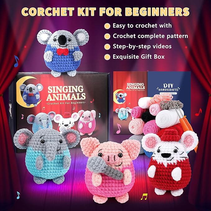 crochet kit for beginners - 4 pcs crochet starter kit with step-by-step video tutorials, for adults - elephant mouse pig koala microphone crocheting set