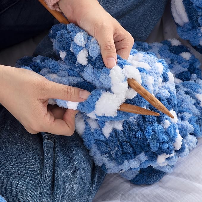 HOMBYS Chunky Tie Dye Mix Chenille Yarn for Hand Knitting, Super Bulky Jumbo Yarn for Crocheting, 3/4" Thick Soft Plush Yarn for Blankets, 8 Skein Pack (26 yds / 7.5 oz Each) Blue, White