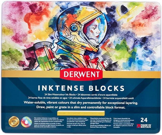 Derwent Inktense Blocks 24 Tin, Set of 24, 8mm Block, Soft Texture, Watersoluble, Ideal for Watercolor, Drawing, Coloring, Crafts and Painting on Paper and Fabric, Professional Quality (2300443)