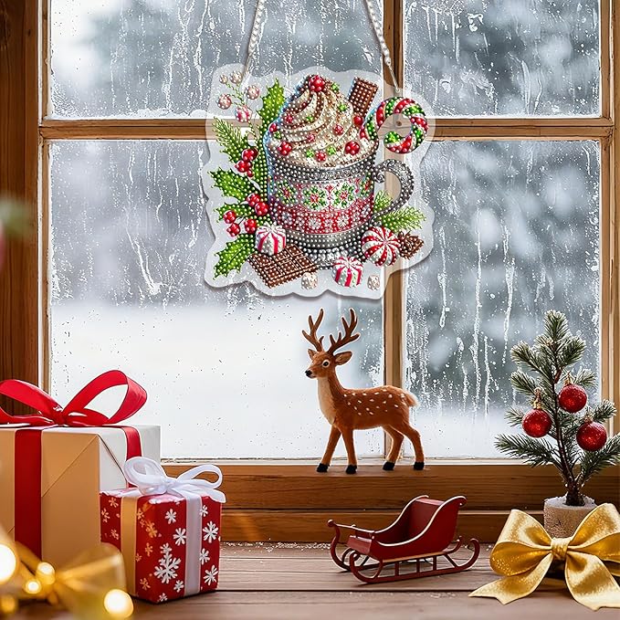 EMIEAUFG Christmas Diamond Art Hanging Kit for Adult, Xmas Candy Cup Diamond Art Pendants, Double Sided Acrylic & 5D Special Shaped Rhinestone, Christmas DIY Ornament for Window Home Wall Decor