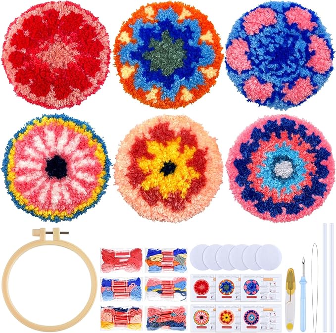 ERKOON Punch Needle Coasters Kit Adults Beginners, 6 Pcs DIY Easy Coaster Embroidery Set for Starter Art Craft, Needling Punching Project with Patterns, Tools, Yarns, Hoop, Instruction