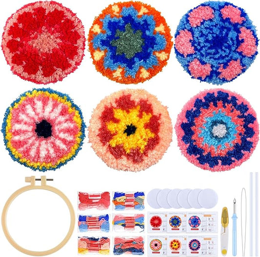 ERKOON Punch Needle Coasters Kit Adults Beginners, 6 Pcs DIY Easy Coaster Embroidery Set for Starter Art Craft, Needling Punching Project with Patterns, Tools, Yarns, Hoop, Instruction