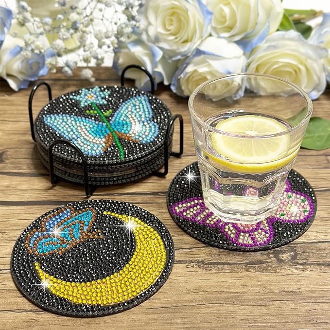 Vcekract Diamond Painting Coasters, 6 Pcs Butterfly Diamond Painting Coasters with Holder, Diamond Art Kits for Adults
