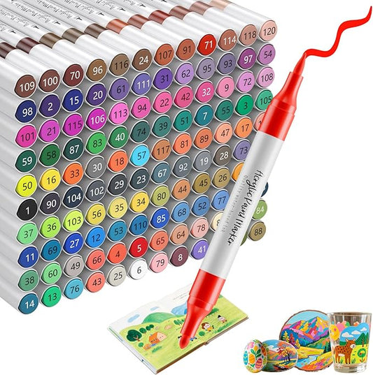 120 Colors Dual Tip Acrylic Paint Markers, Fabric Markers, Brush Tip Permanent Acrylic Paint Pens for Wood, Glass, Rocks, Paper,Coloring book,Ceramic,DIY Crafts for Adults