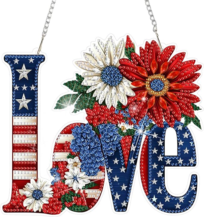 DOMROM 4TH of July Diamond Art Hanging Kit for Adult Beginners, Love and Flower DIY Diamond Art Hanging Kit, Patriotic Special Shaped Rhinestone, Window Pendant for Gift Garden Wall Home Decoration