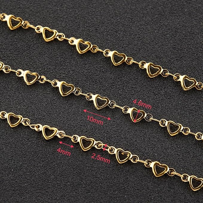 YOUBEIYEE 4 Meters Gold Plated Stainless Steel Jewelry Making Chain Hollow Heart Chain for Jewelry Making with Lobster Clasps Jump Rings
