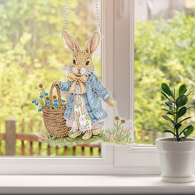 HEIBAGO Easter Bunny Diamond Art Hanging Kits for Adults, Diamond Art Suncatchers Rabbit, 5D Special Shape Diamond Painting Pendant, DIY Window Ornament Gifts for Home Garden Door Wall Decor 8.3x8.3In