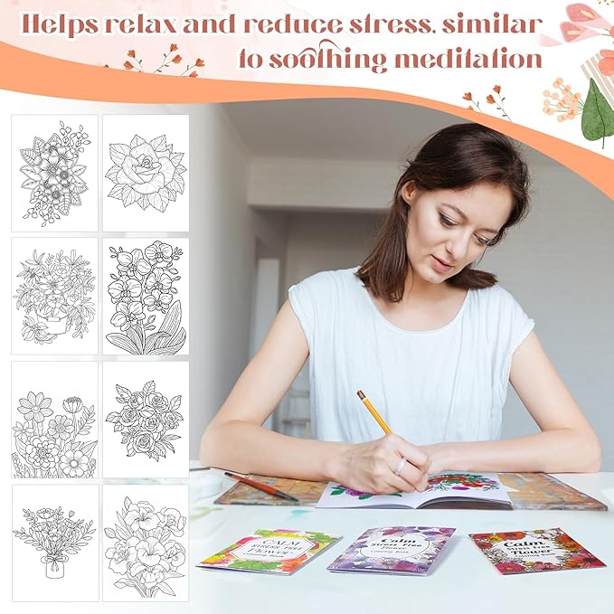 Liliful 72 Pcs Flower Coloring Book Bulk for Adult Calm Supplies DIY Art Stress Relief Drawing Book with Colorful Flower Patterns Favors Goodie Bag Filler and Holiday Gifts
