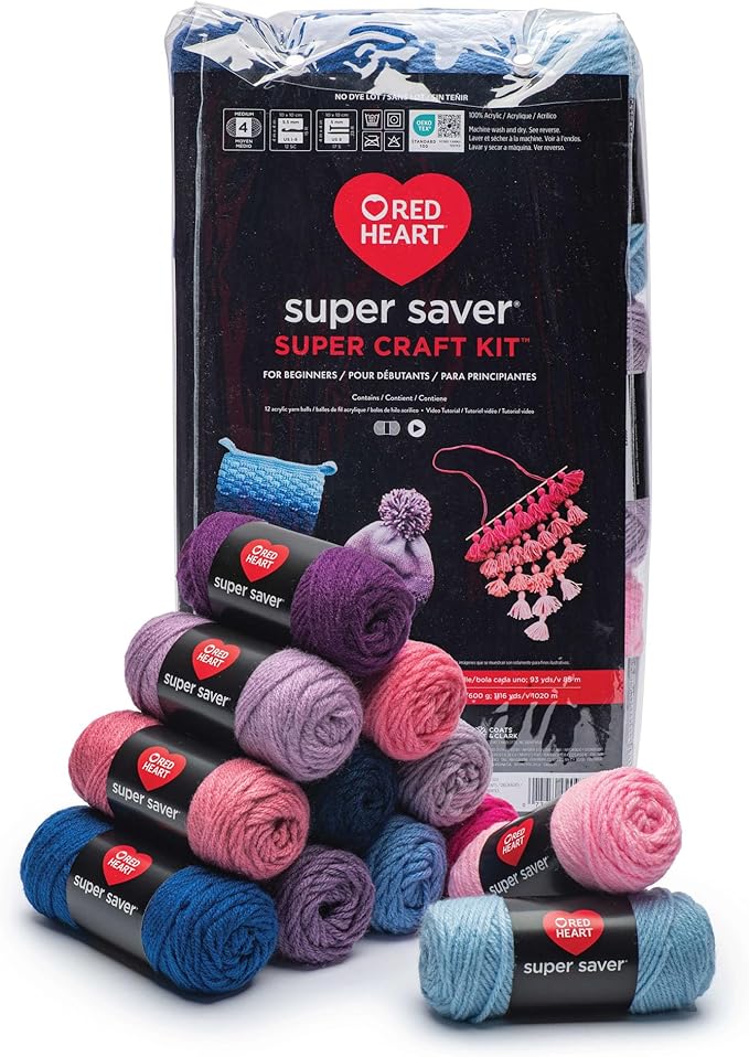 Red Heart Super Saver Yarn Super Craft Kit Gradients, with 12 Pack of 50g/1.7 oz. 4 Medium Worsted Yarn for Knitting & Crocheting, 12 Colors, Perfect for Chunky Sweaters, Blankets, Amigurumi