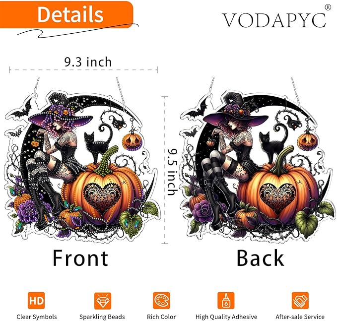 VODAPYC Halloween Witch Diamond Art Hanging Kit for Adults, DIY Double Sided Special Shaped Diamonds Art Window Pendant Ornament for Home Decor(Halloween Witch)