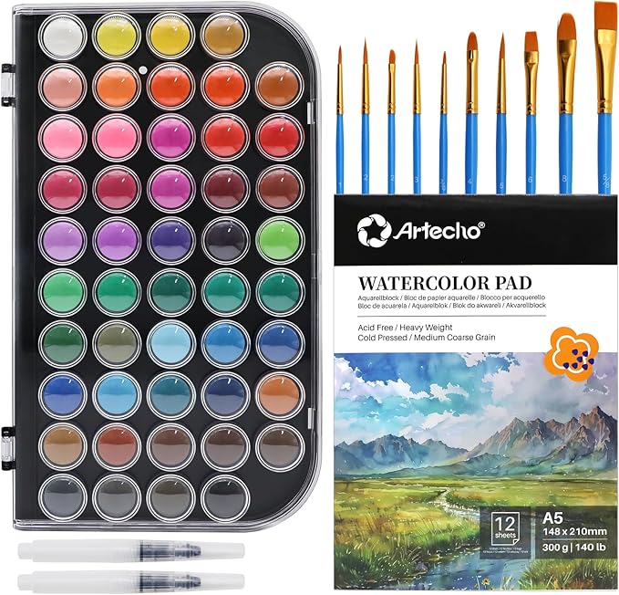 Artecho 48 Colors Watercolor Paint Set with 10 Paint Brushes, A5 Watercolor Paper Pad and 2 Watercolor Pens, Washable Water Colors Paint Adult Set