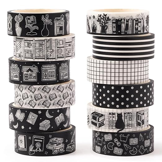 Black White Washi Tape - 12 Rolls Reading Book Library Theme Designs Easy Hand Tear Repositionable Residue Free for Gift Wrapping Scrapbooking Literary Projects Study Planner Decoration