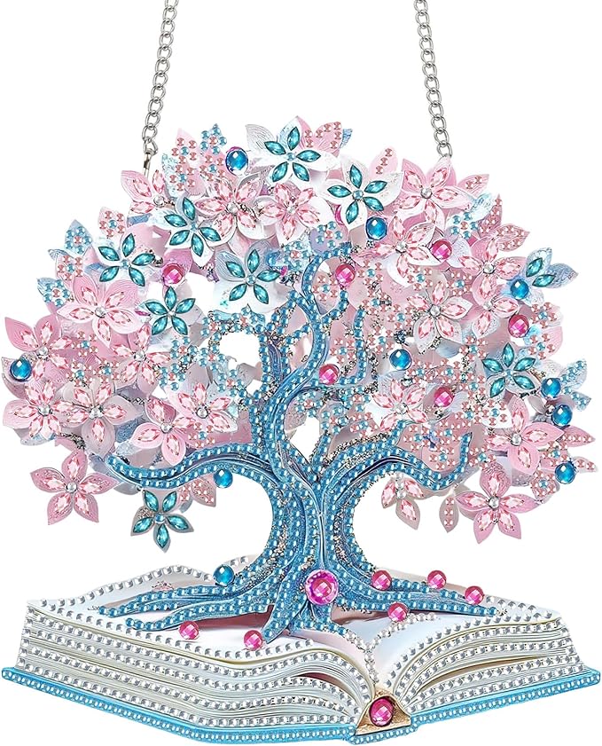 Bimkole Book Diamond Art Hanging Kit for Adult, DIY 5D Tree of Life Diamond Art Painting Window Pendant, Acrylic Crystal Art Hanging Ornament for Wall Home Garden Front Door Decor - 7.8x7.8 Inch