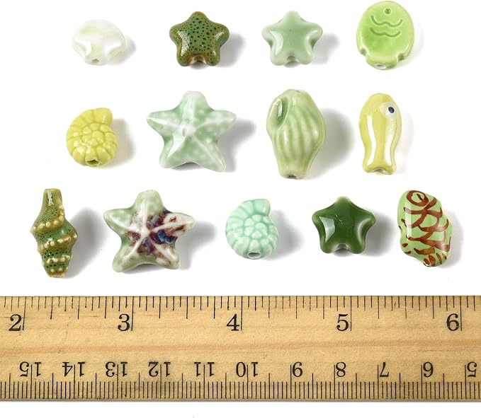 26Pcs Porcelain Ceramic Ocean Beads, 13 Styles Sea Seashell Fish Conch Starfish Porcelain Loose Spacer Beads for DIY Necklaces Bracelets Crafts Supplies
