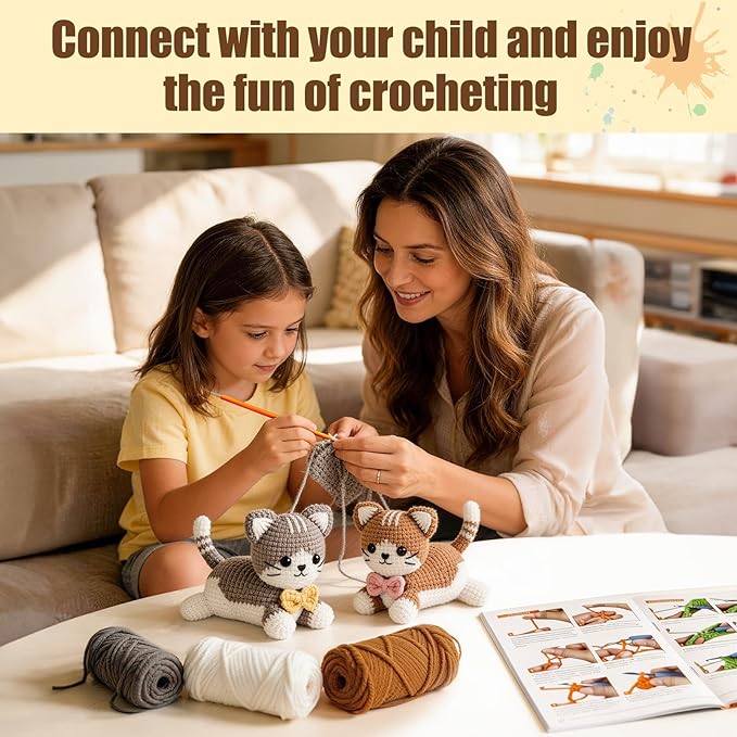 AI.QVOKA Crochet Kit for Beginners Kids Ages 8-12, Learn to Crochet Kit for Adult Beginners | Cat Crochet Animal Kit with Step-by-Step Video Tutorials – Perfect Crochet Gifts for Girls (2 Pack)
