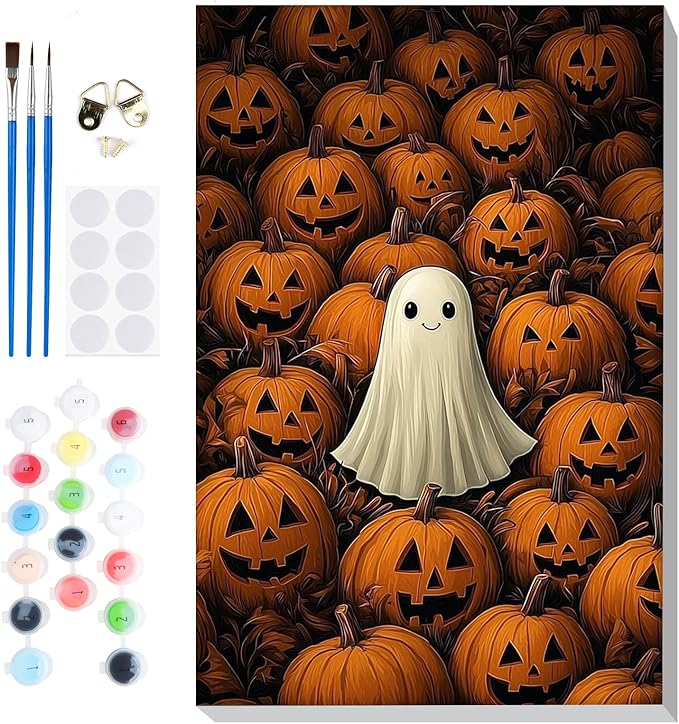 Bowetile Halloween Framed Paint by Numbers for Adults, Ghost Adults' Paint-by-Number Kits on Canvas, Easy Acrylic Pumpkin Number Painting Crafts Kits Halloween Gifts for Home Decor, 8x12in