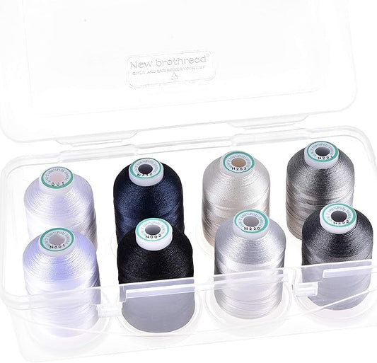 New brothread - 20 Options - 8 Snap Spools of 1000m Each Polyester Embroidery Machine Thread with Clear Plastic Storage Box for Embroidery & Quilting - Monochrome