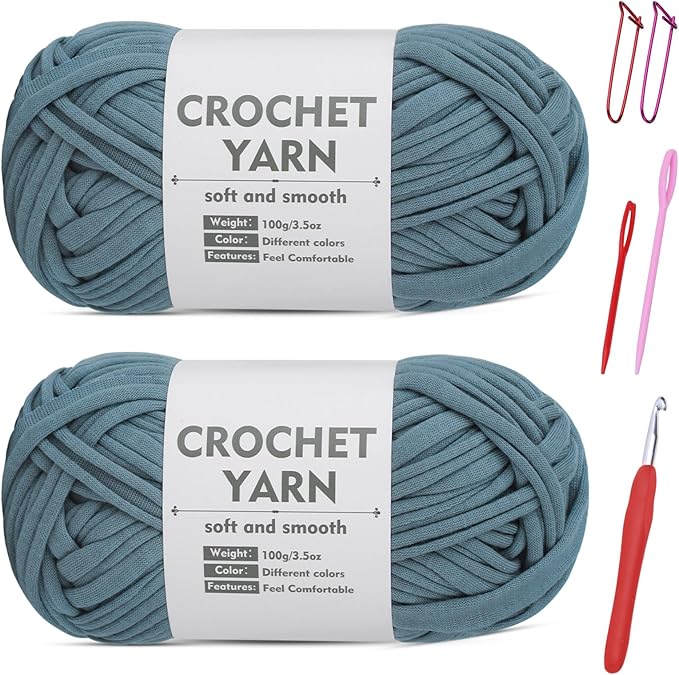 SHWAKK 2 Pack T-Shirt Yarn Set, Gray Blue Knitting Crochet T Shirt Yarn, Tshirt Yarn Kit for Crocheting, Ribbon Cotton Yarn, Knitting Ball