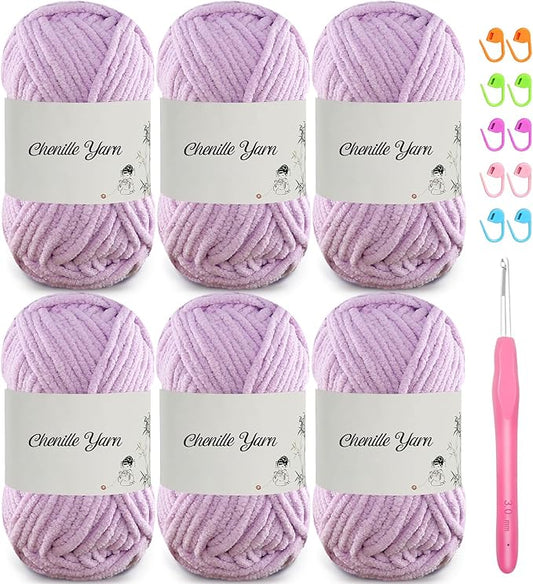 SIMEIQI 6 Pack of 1.76oz Chenille Yarn for Crocheting,60yards Soft Fluffy Velvet Yarn, Ideal Crochet for DIY Baby Blankets Toys Scarves Throw Pillows Hats Cushions(Purple)
