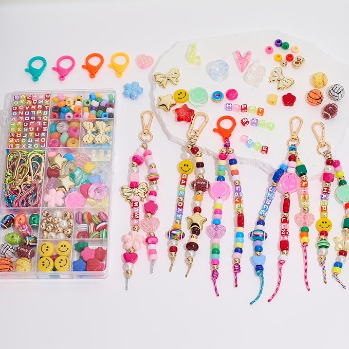 MYCUTEY DIY Keychain Making Kit-Beaded Keychain＆Bag Charm Craft Supplies with Keyrings,Cords and Colorful Football,Letter,Heart,Pony Beads for Women Kids,Personalized Name A-Z Jewelry Making Kit Gifts
