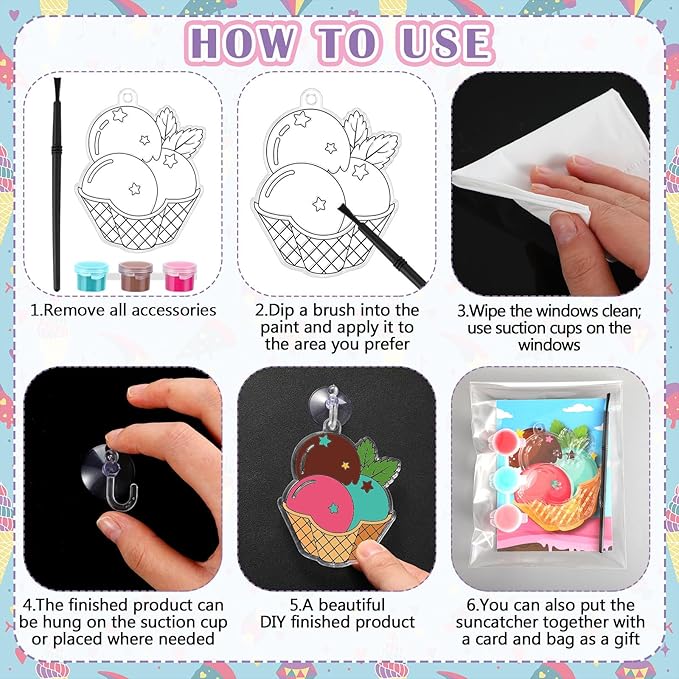 Geelin 24 Sets Summer Suncatchers Ornaments Decorations Ice Cream DIY Window Paint Art Christmas Suncatchers Craft Kits Sun Catchers for Birthday Summer Party Gift