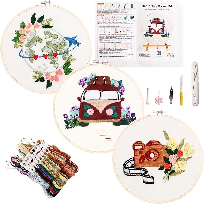 Looples Embroidery Kit for Beginners and Adults with Video Tutorials - Complete Embroidery Starter Kit with 3 Stamped Floral Patterns, Hoops, Threads, Needles, and Instructions (Car, Globe and Camera)