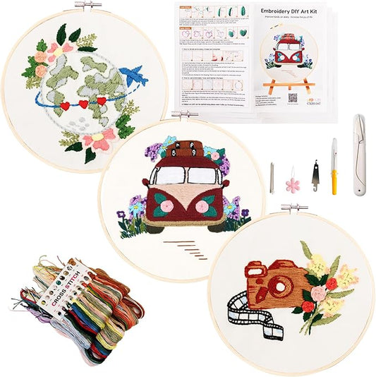 Looples Embroidery Kit for Beginners and Adults with Video Tutorials - Complete Embroidery Starter Kit with 3 Stamped Floral Patterns, Hoops, Threads, Needles, and Instructions (Car, Globe and Camera)