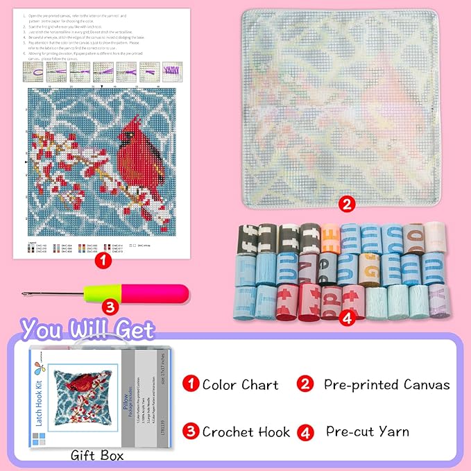 LAPATAIN Latch Hook Kits for DIY Throw Pillow Cover,Red Bird Needlework Cushion Cover Hand Craft Crochet for Great Family 17x17inch