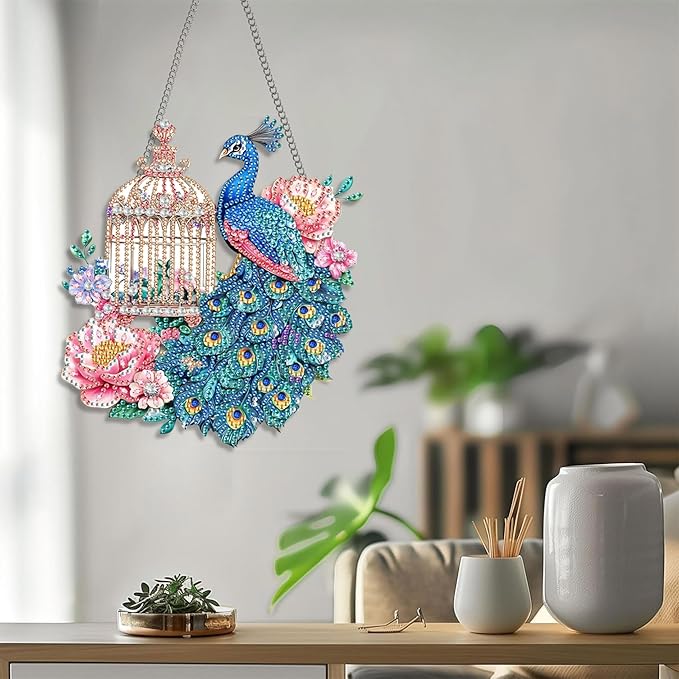 Bimkole Peacock Diamond Art Hanging Kit for Adult, DIY 5D Flowers Diamond Art Painting Window Pendant, Acrylic Crystal Art Hanging Ornament for Wall Home Garden Front Door Decor - 7.8x7.8 Inch