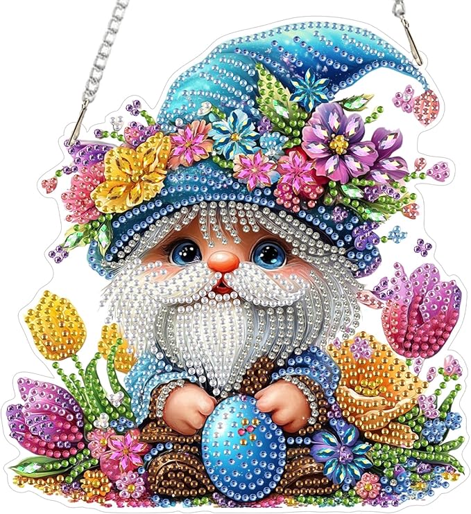 Lxmsja DIY Cute Cartoon Gnome Diamond Painting Hanging Ornament, Double-Sided Acrylic Easter Egg Diamond Art Kit, Special Shaped Suncatcher Hanging Pendant Window Art Kit
